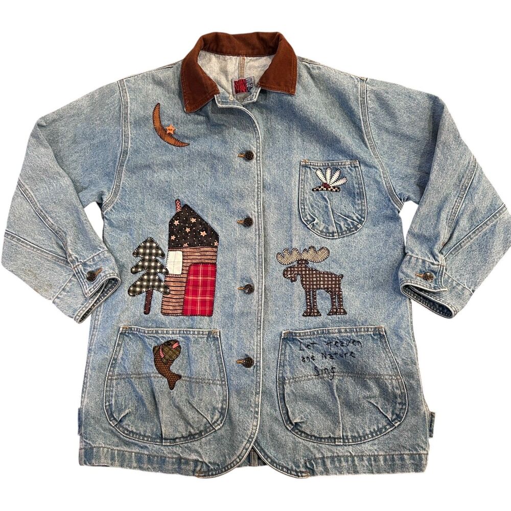 Vintage Sun Belt Denim Jean Jacket SIze Medium Applique Reindeer Tree Fish Bear